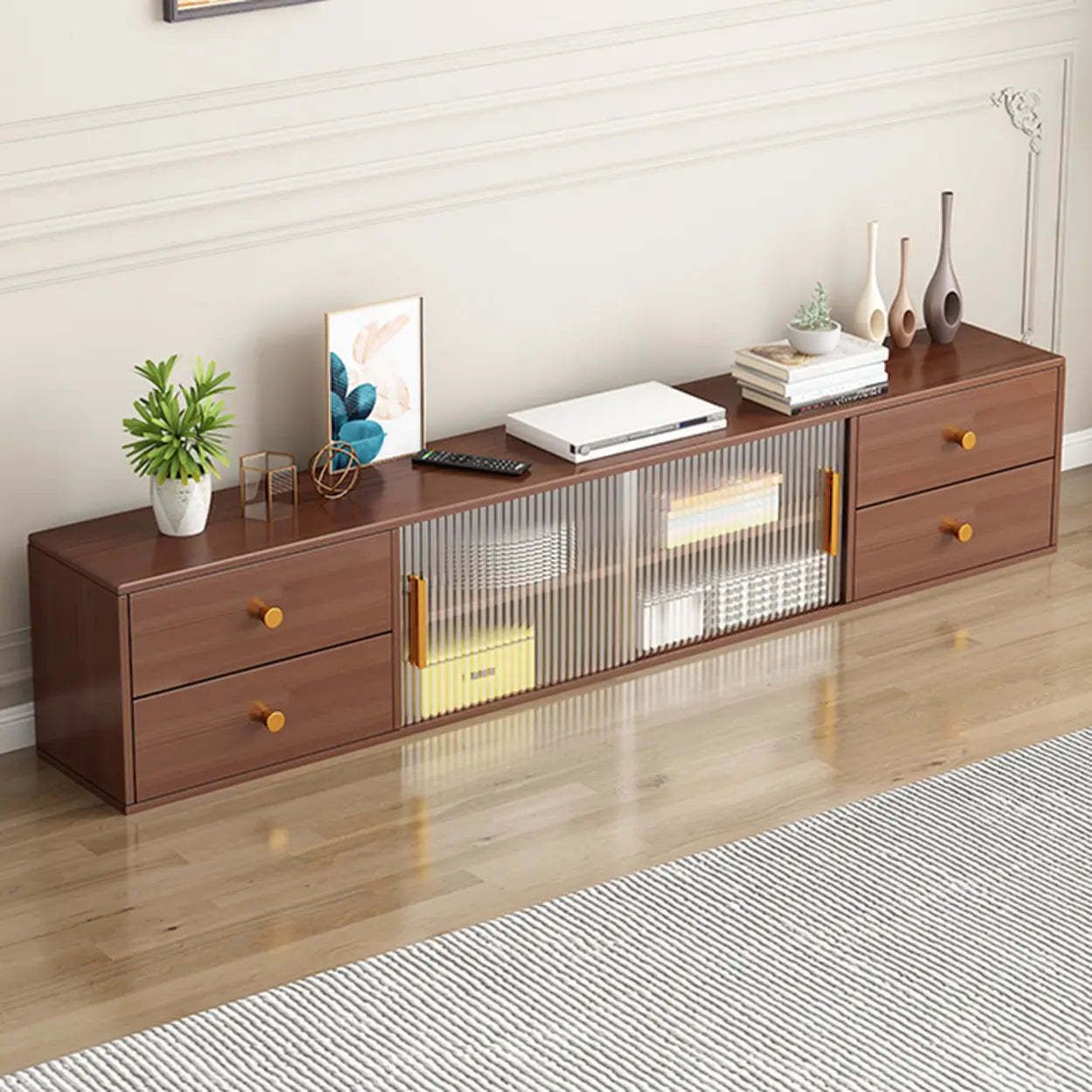 Modern Walnut Wood TV Stand with Cabinet — Brown/ White