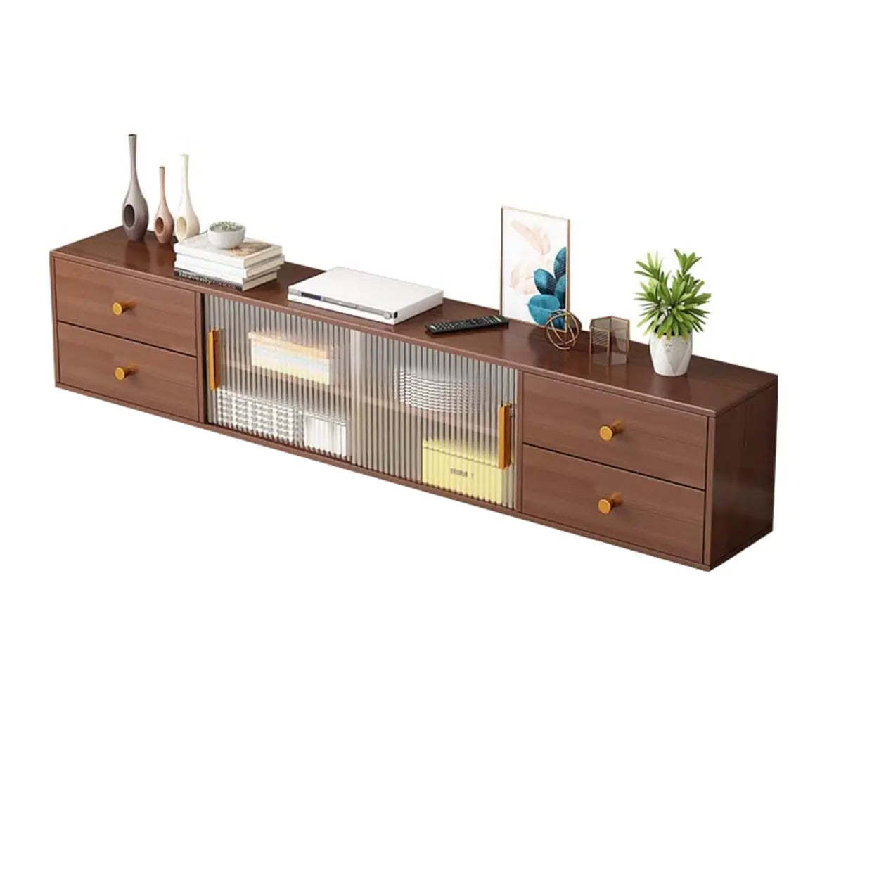 Modern Walnut Wood TV Stand with Cabinet — Brown