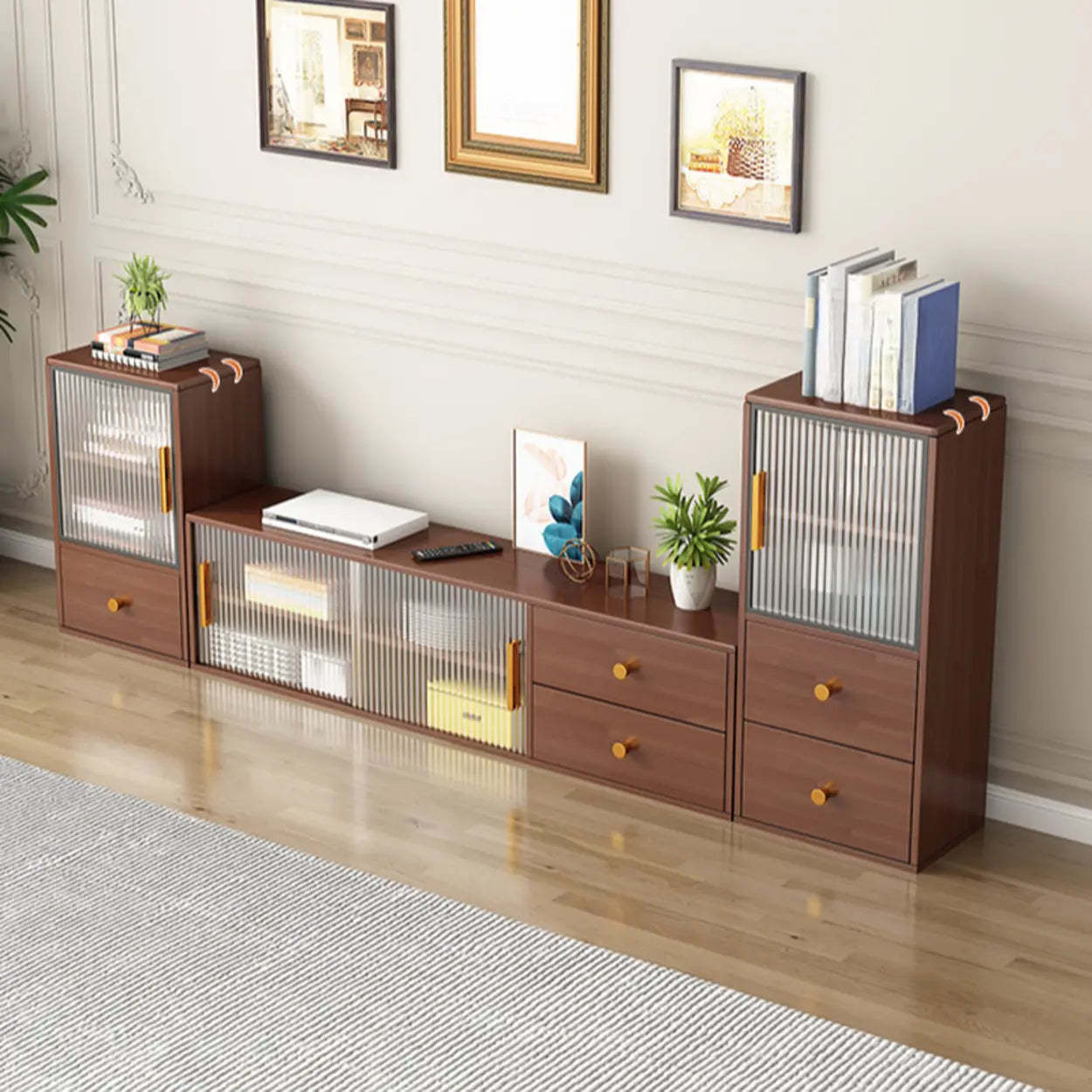 Modern Walnut Wood TV Stand with Cabinet — Brown/ White