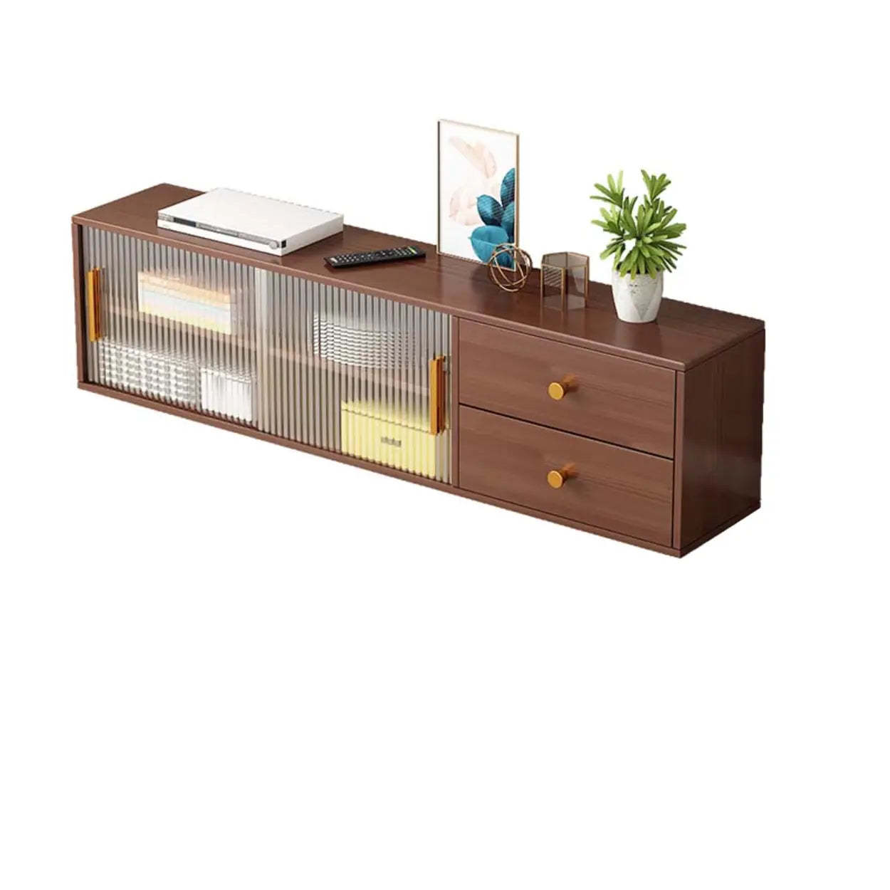 Modern Walnut Wood TV Stand with Cabinet — Brown