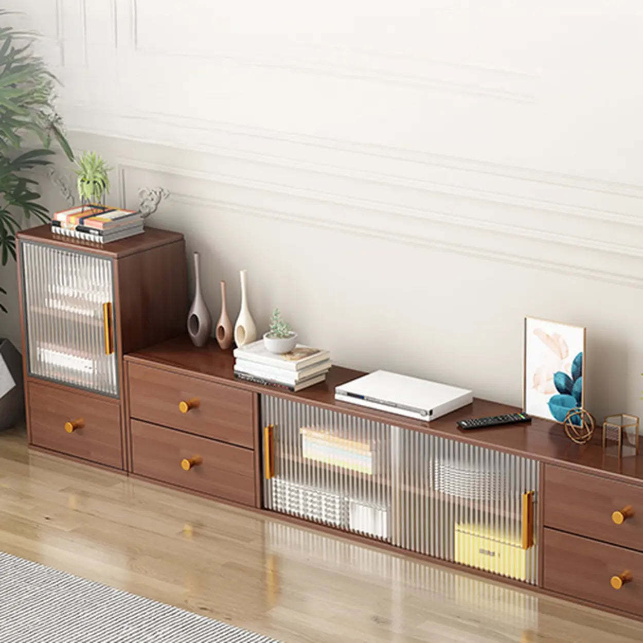 Modern Walnut Wood TV Stand with Cabinet — Brown/ White