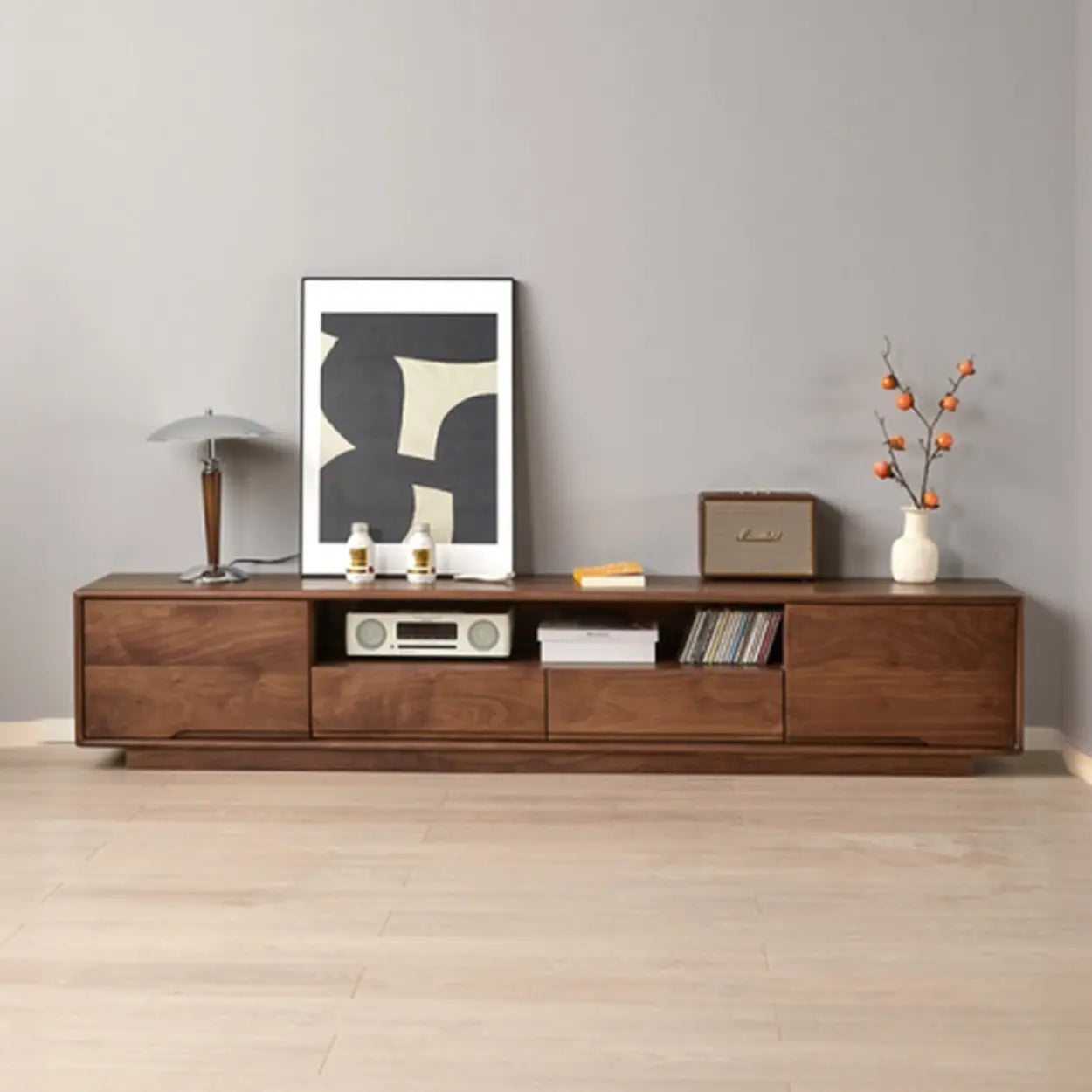 Modern Walnut Wood TV Stand with Cabinets