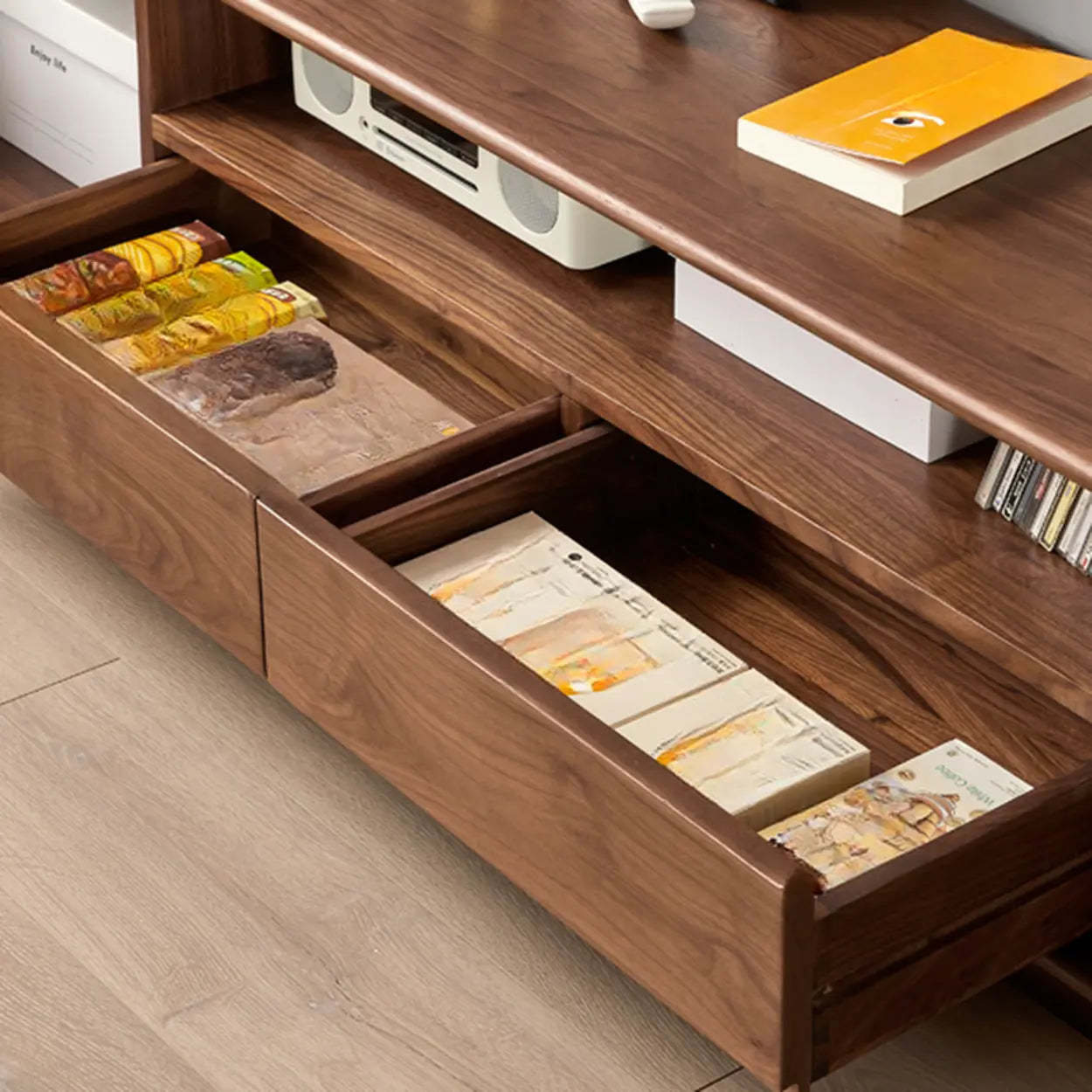 Modern Walnut Wood TV Stand with Cabinets