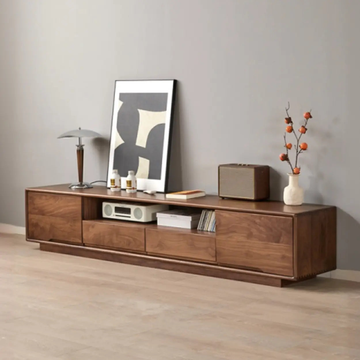 Modern Walnut Wood TV Stand with Cabinets