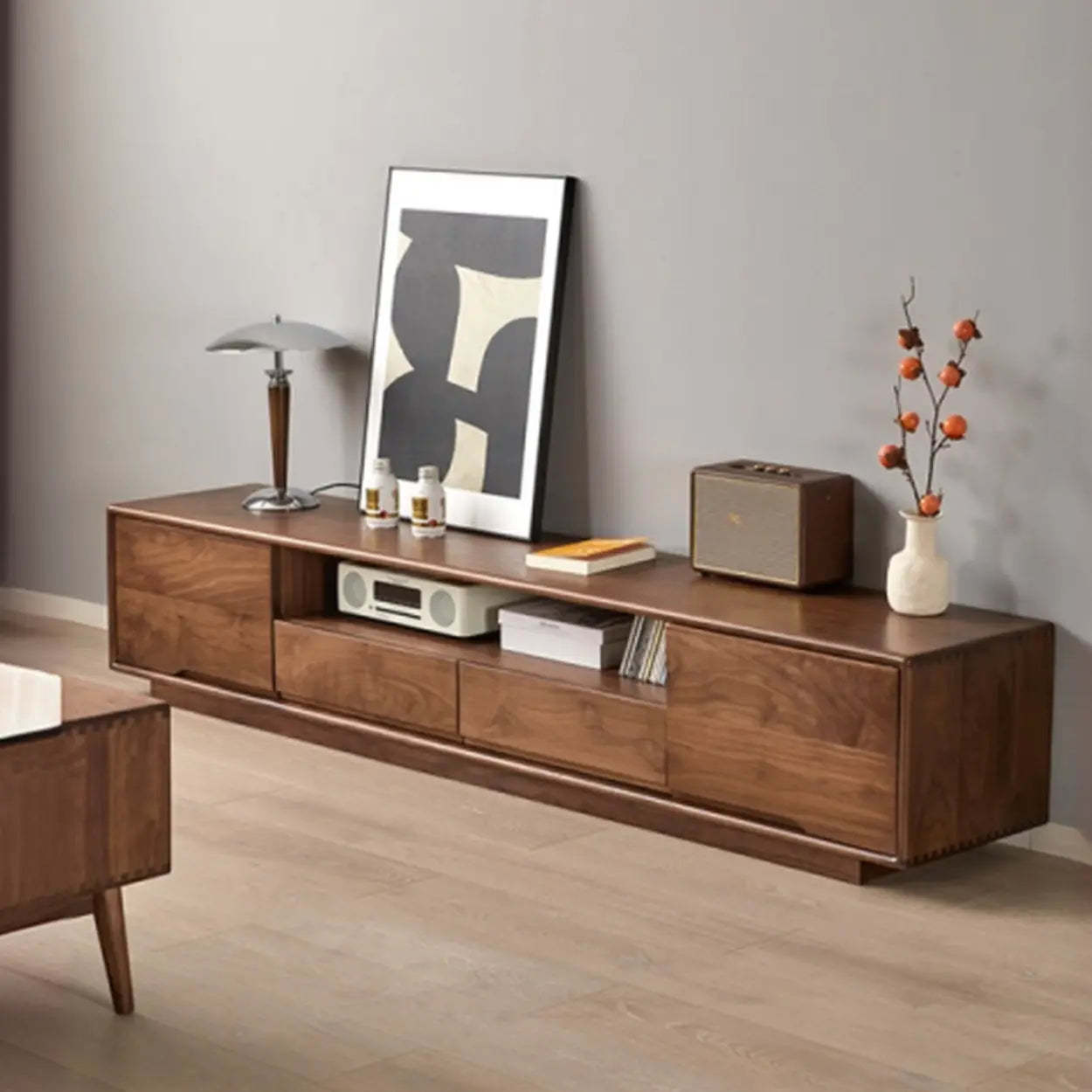Modern Walnut Wood TV Stand with Cabinets