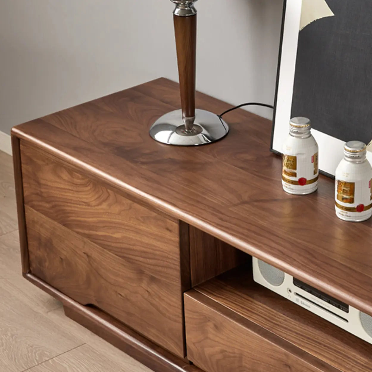 Modern Walnut Wood TV Stand with Cabinets