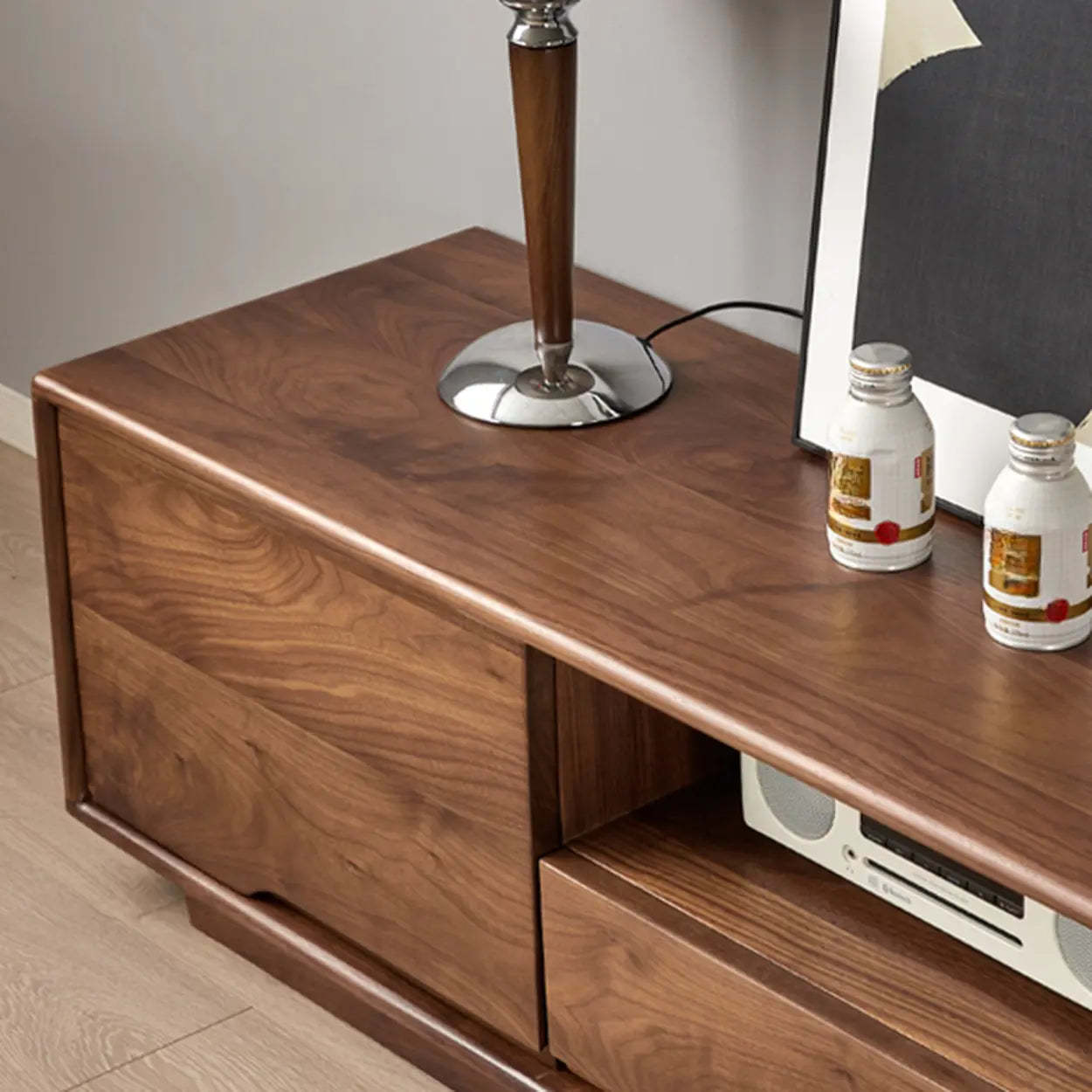 Modern Walnut Wood TV Stand with Cabinets