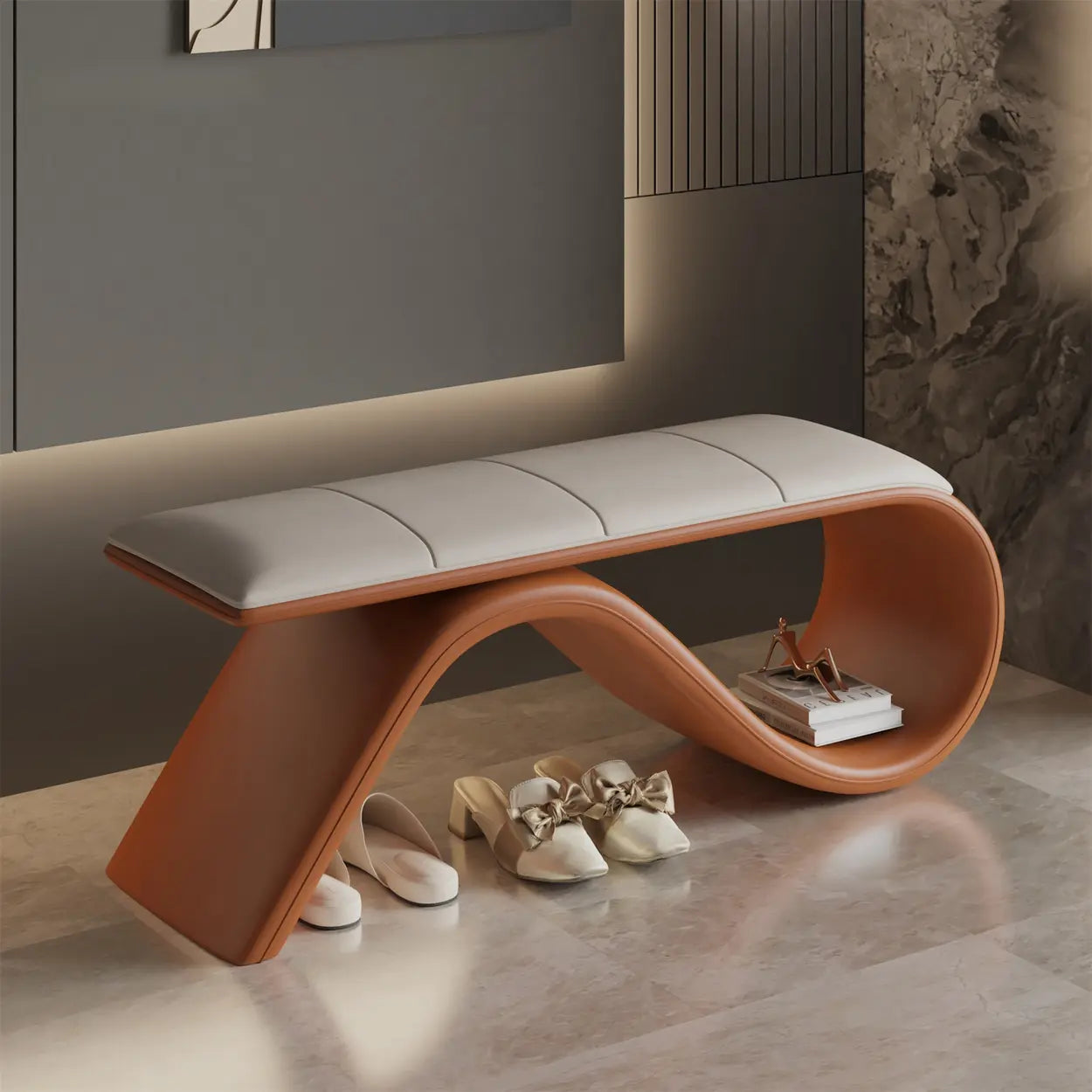 Modern Wave Bench with Cushion and Storage — Orange/ Brown