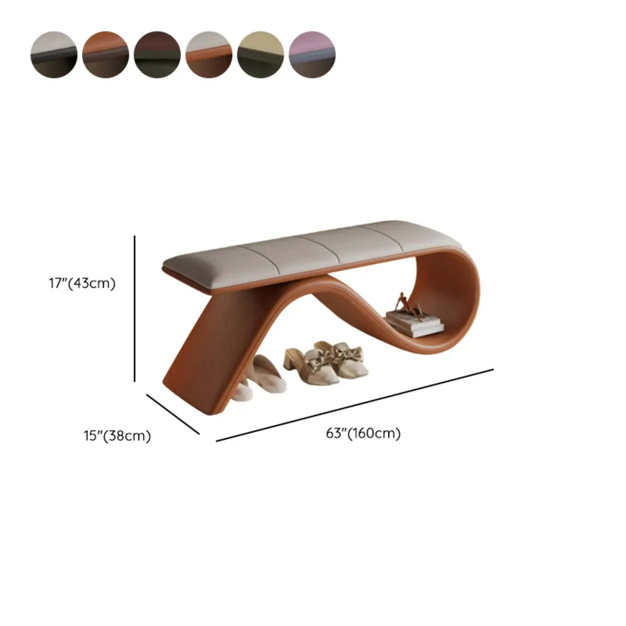 Modern Wave Bench with Cushion and Storage — Brown/ Green