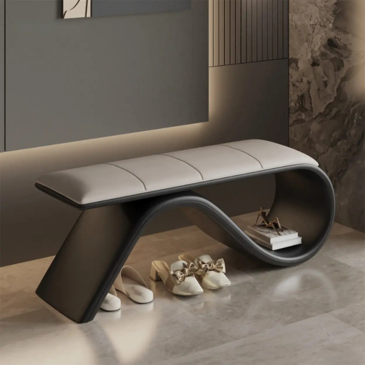 Modern Wave Bench with Cushion and Storage — Orange/ Brown