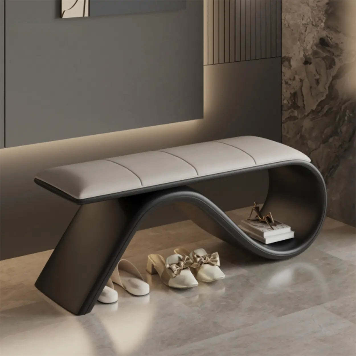 Modern Wave Bench with Cushion and Storage — Orange/ Brown
