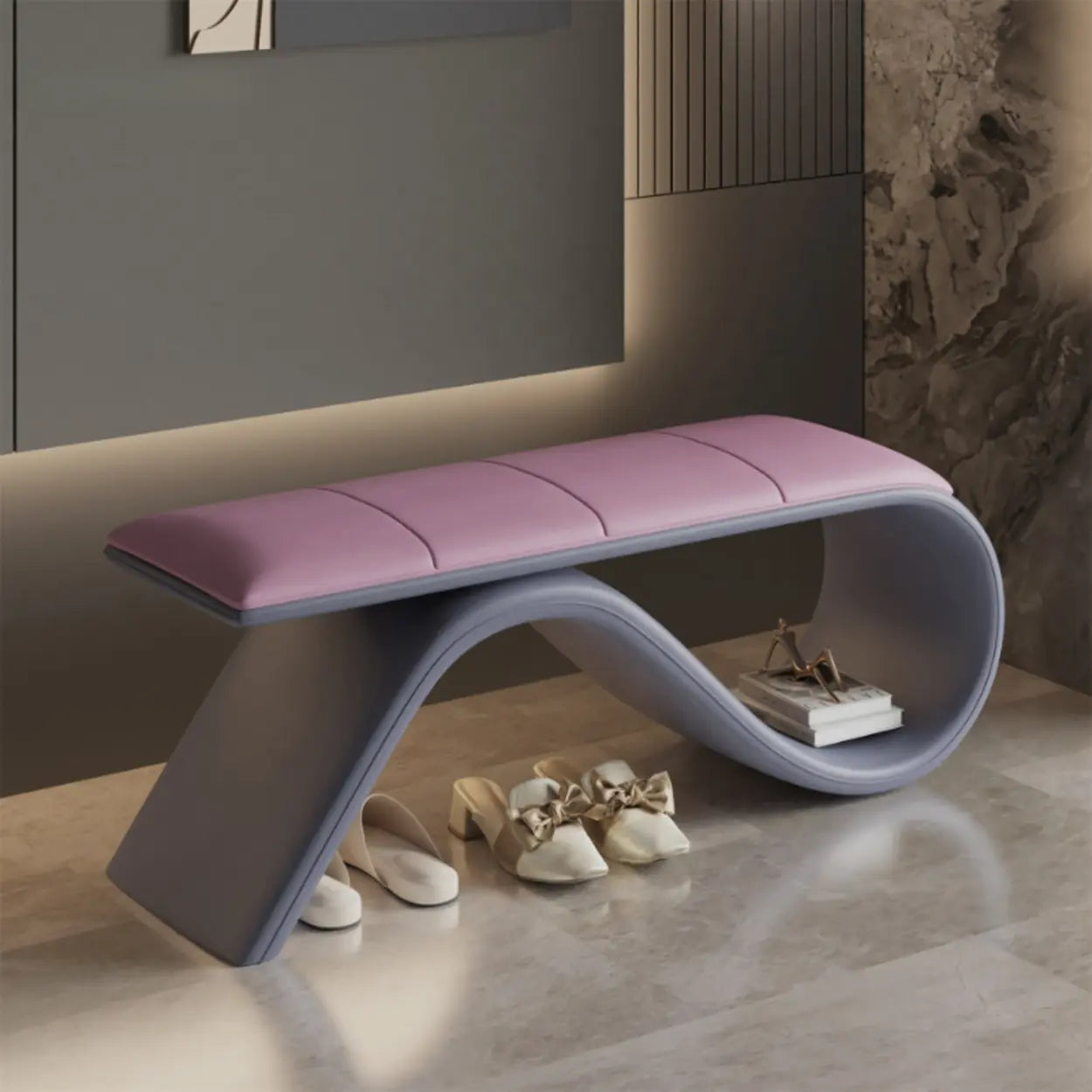 Modern Wave Bench with Cushion and Storage — Orange/ Brown