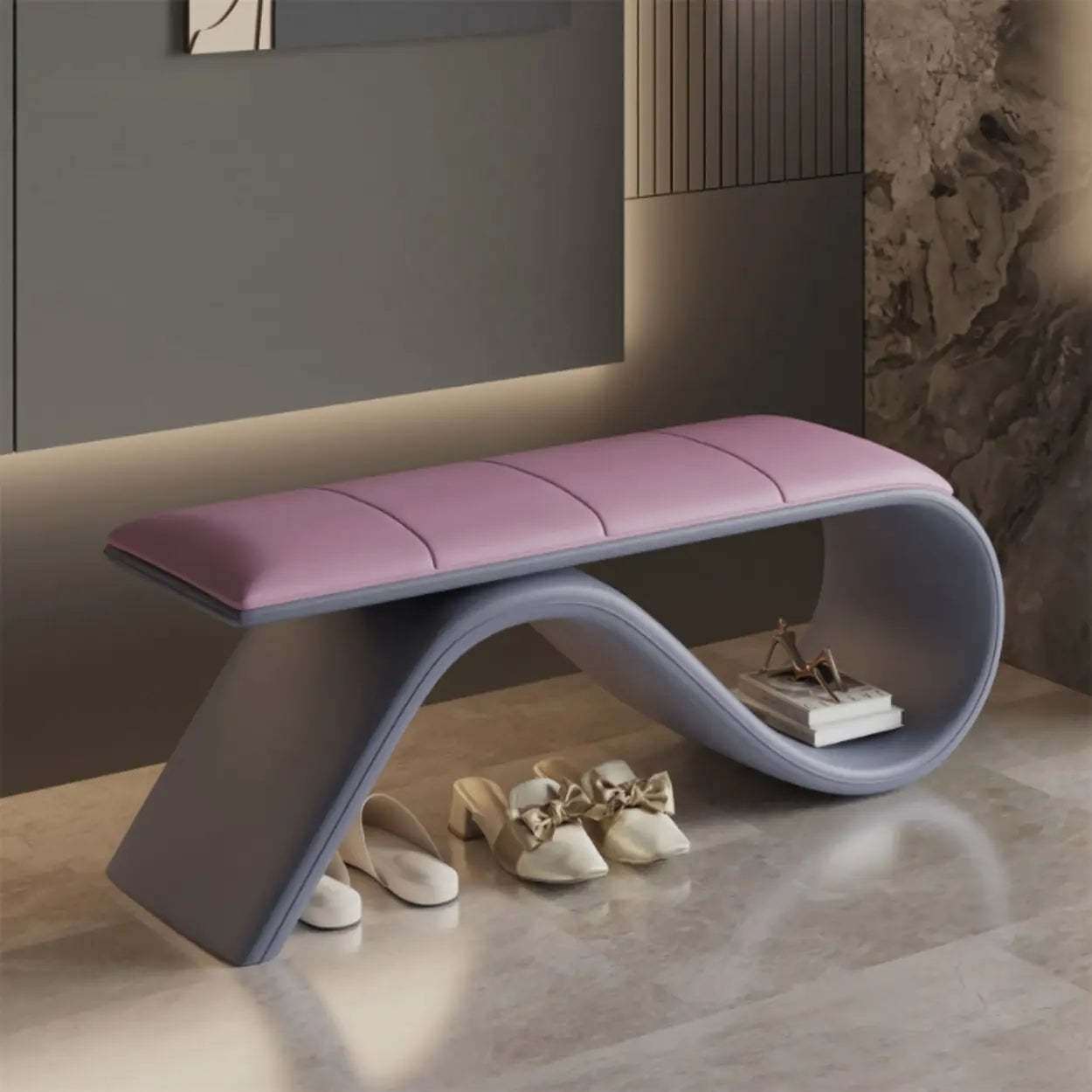 Modern Wave Bench with Cushion and Storage — Orange/ Brown