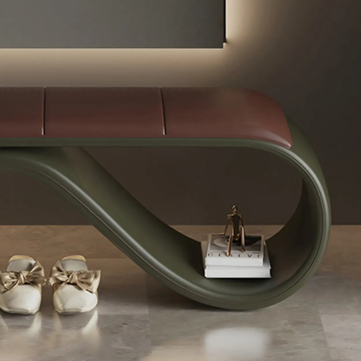 Modern Wave Bench with Cushion and Storage — Orange/ Brown
