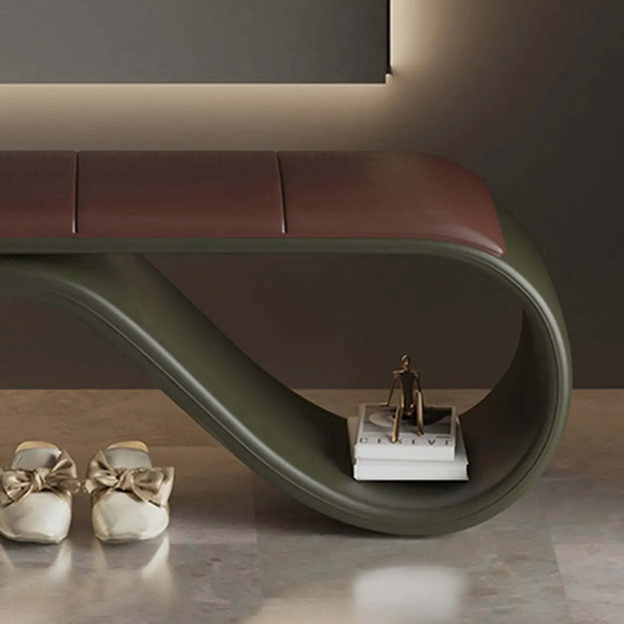 Modern Wave Bench with Cushion and Storage — Orange/ Brown