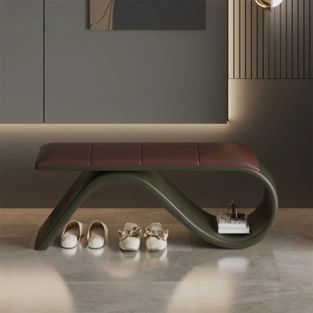 Modern Wave Bench with Cushion and Storage — Beige/ Black