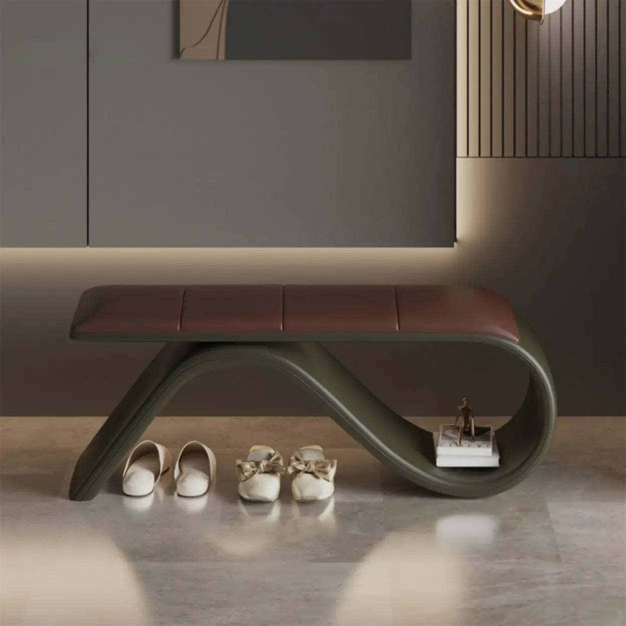 Modern Wave Bench with Cushion and Storage — Beige/ Black