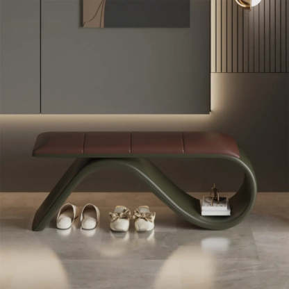Modern Wave Bench with Cushion and Storage — Beige/ Black