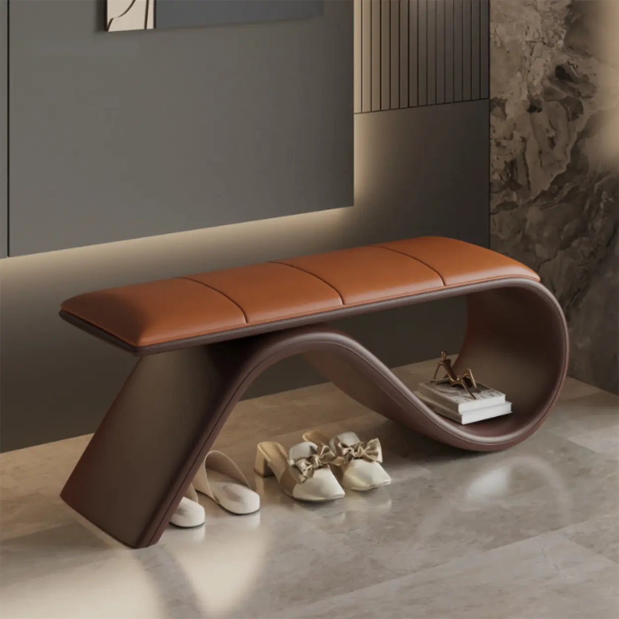 Modern Wave Bench with Cushion and Storage — Beige/ Black