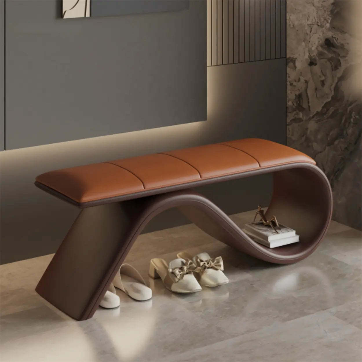 Modern Wave Bench with Cushion and Storage — Beige/ Black