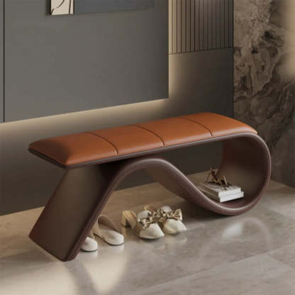 Modern Wave Bench with Cushion and Storage — Beige/ Black