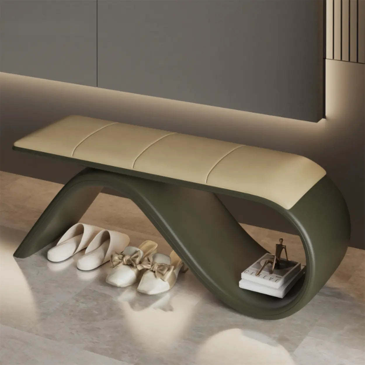 Modern Wave Bench with Cushion and Storage — Beige/ Black