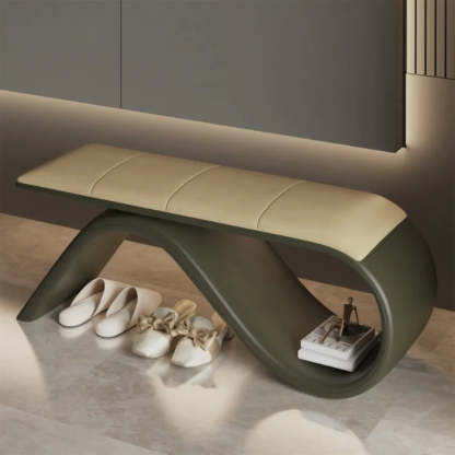 Modern Wave Bench with Cushion and Storage — Beige/ Black