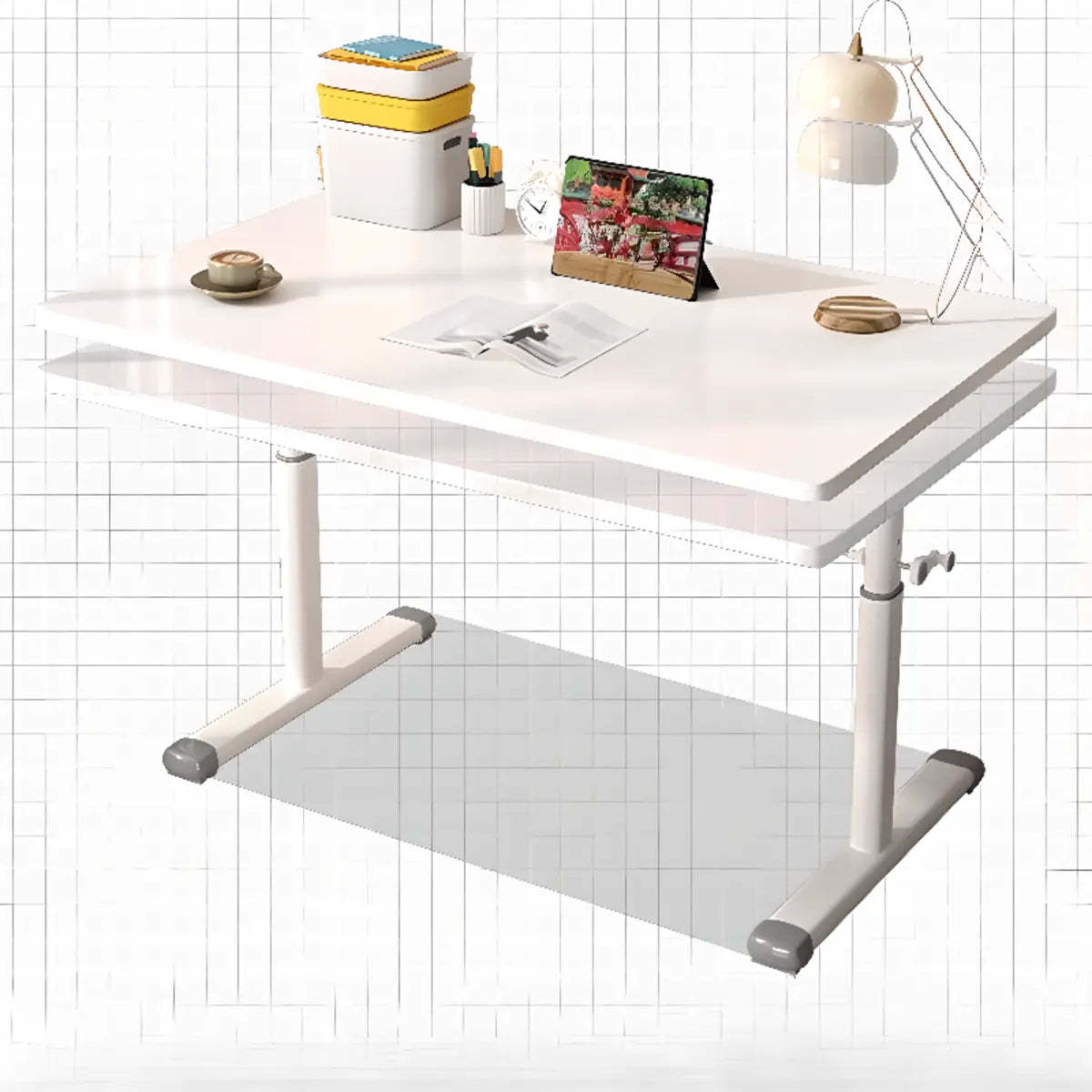 Modern White Adjustable T-Shape Wood Computer Desk — Without Chairs / Grey