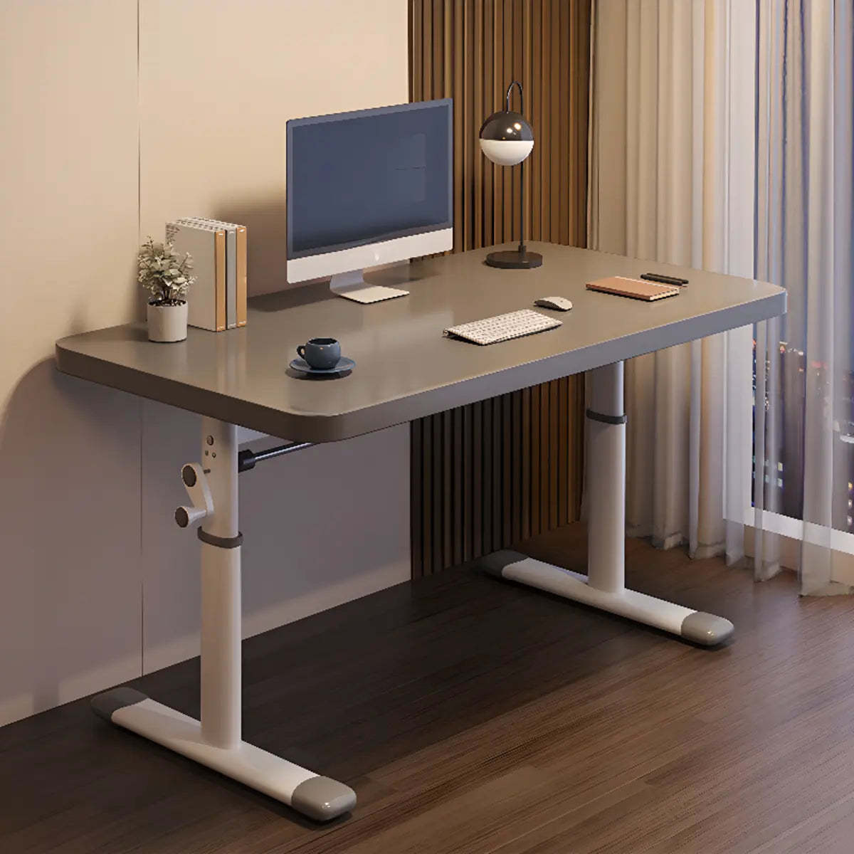 Modern White Adjustable T-Shape Wood Computer Desk — Without Chairs / White