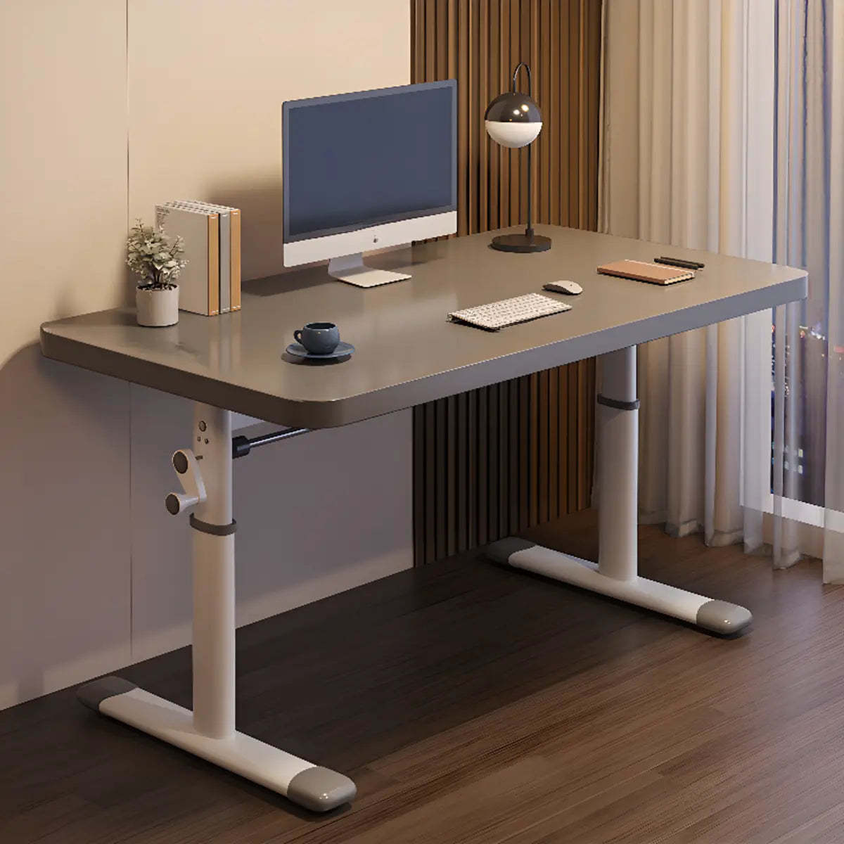 Modern White Adjustable T-Shape Wood Computer Desk — Without Chairs / Natural Finish