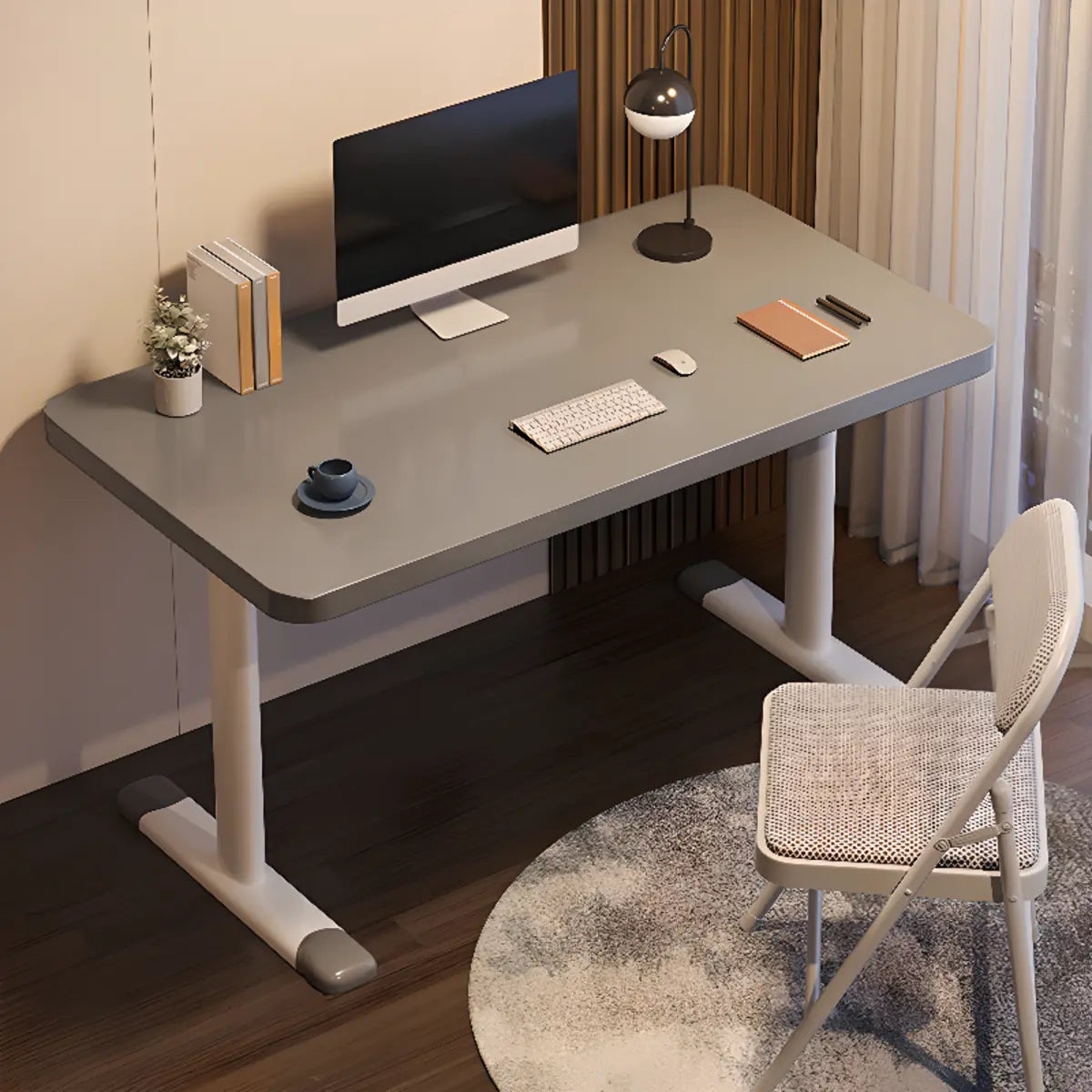 Modern White Adjustable T-Shape Wood Computer Desk — Without Chairs / White