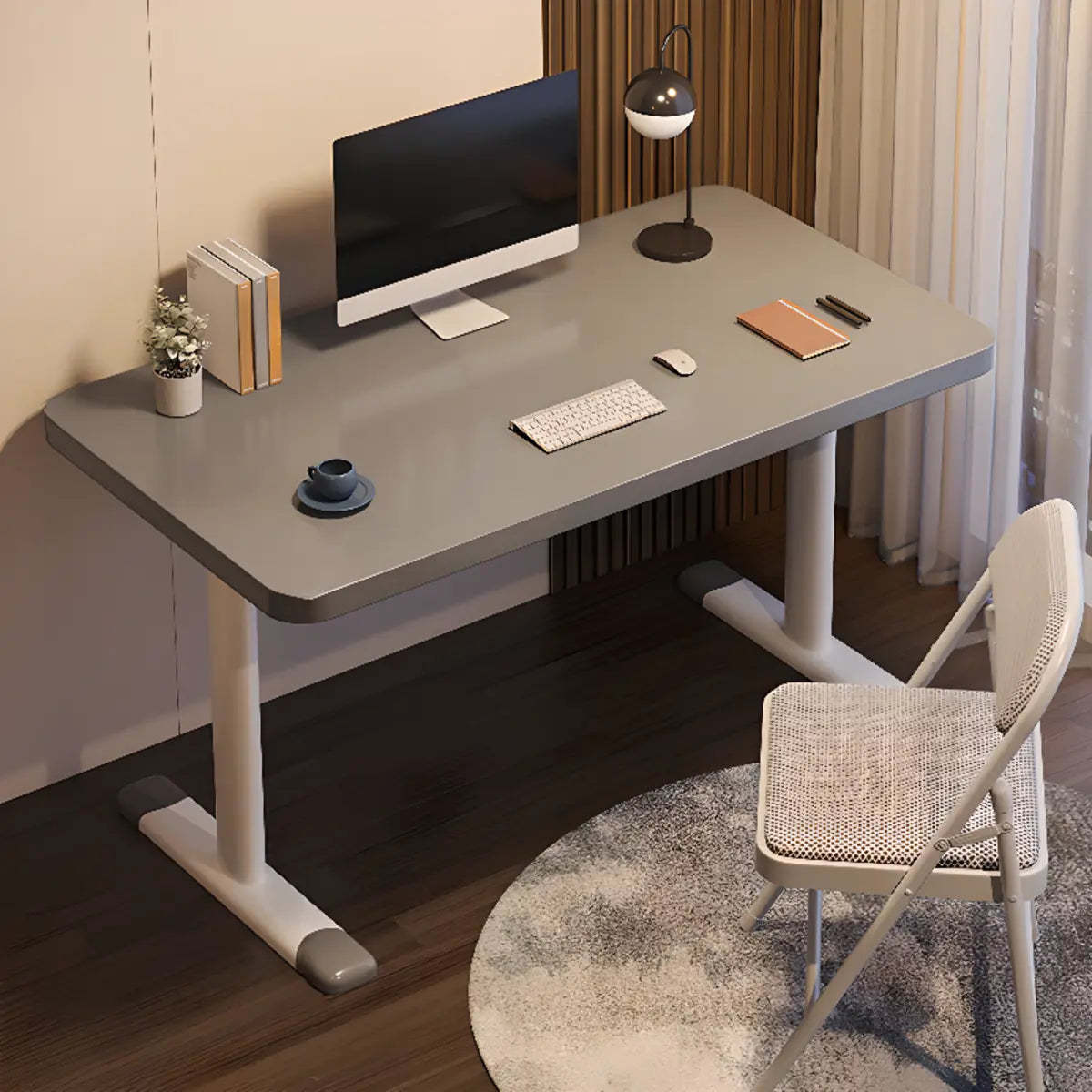 Modern White Adjustable T-Shape Wood Computer Desk — Without Chairs / White