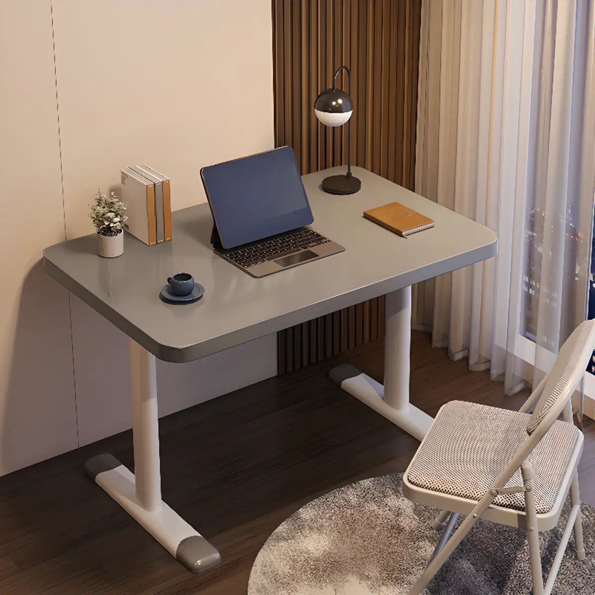 Modern White Adjustable T-Shape Wood Computer Desk — Without Chairs / Natural Finish