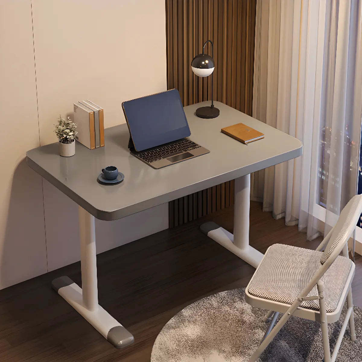 Modern White Adjustable T-Shape Wood Computer Desk — Without Chairs / Natural Finish