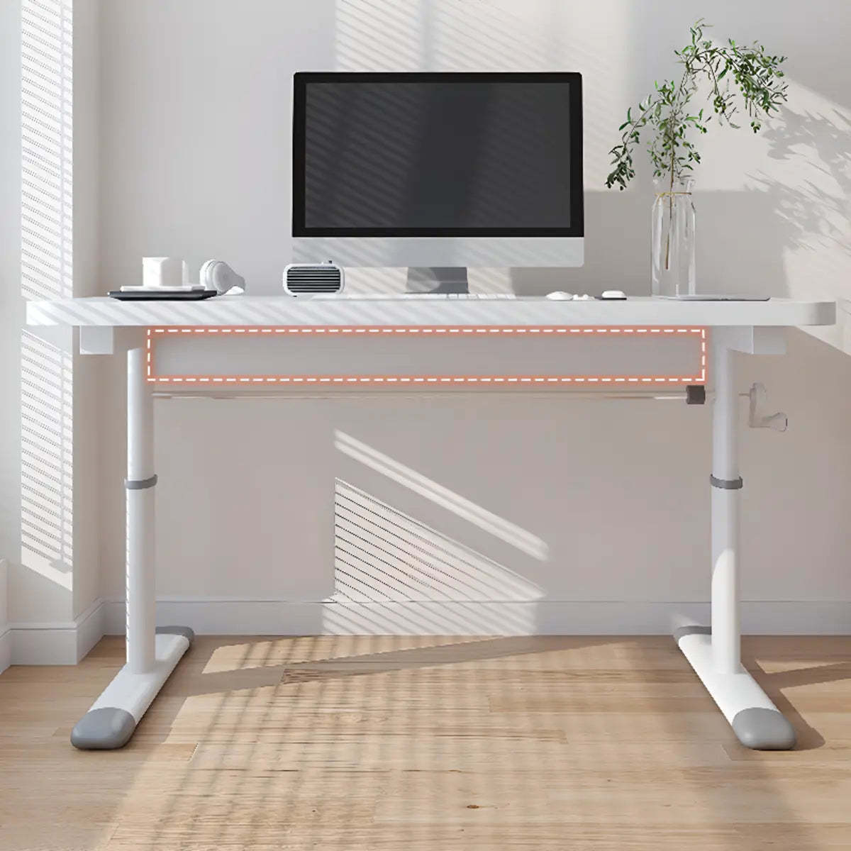 Modern White Adjustable T-Shape Wood Computer Desk — Without Chairs / Grey