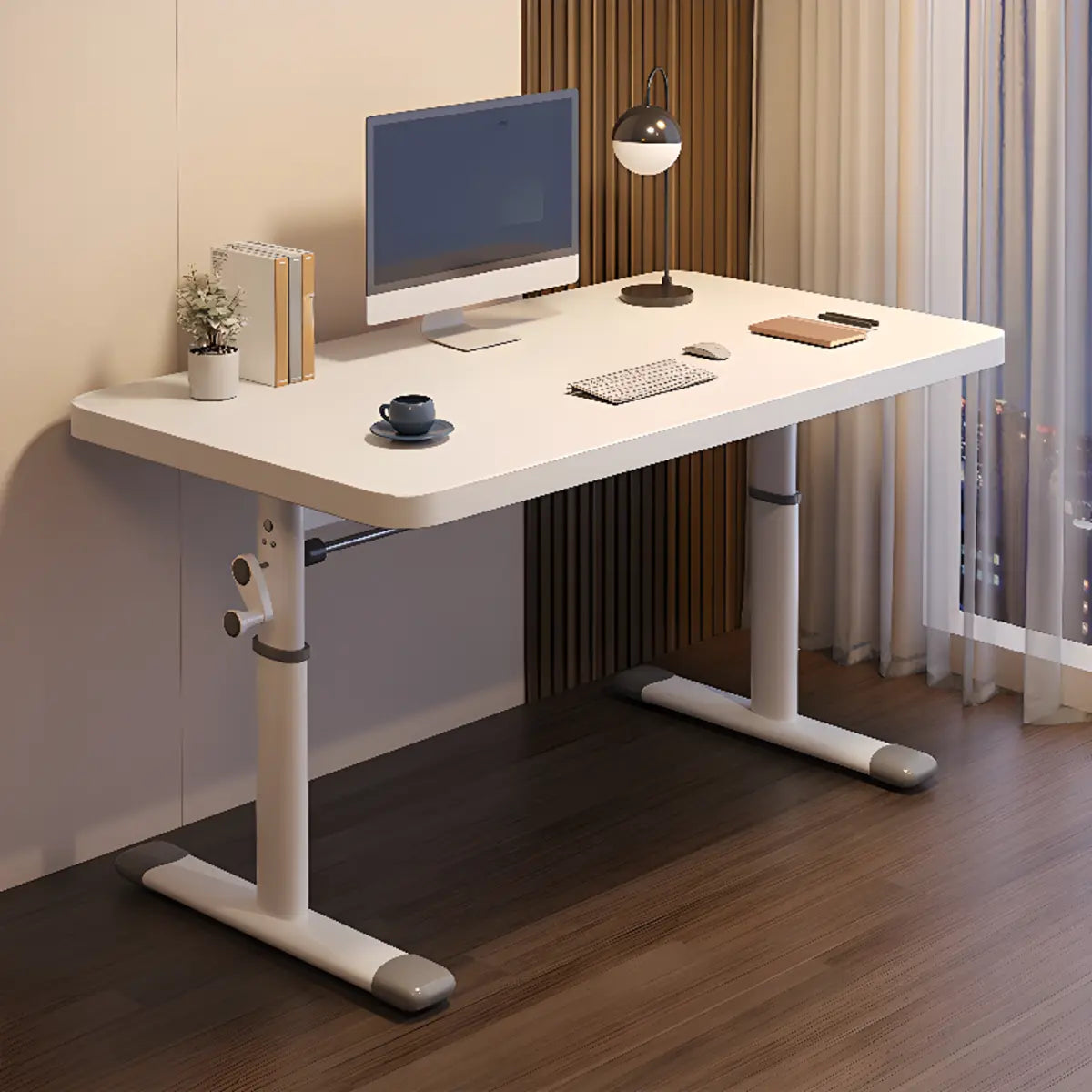Modern White Adjustable T-Shape Wood Computer Desk — Without Chairs / Natural Finish