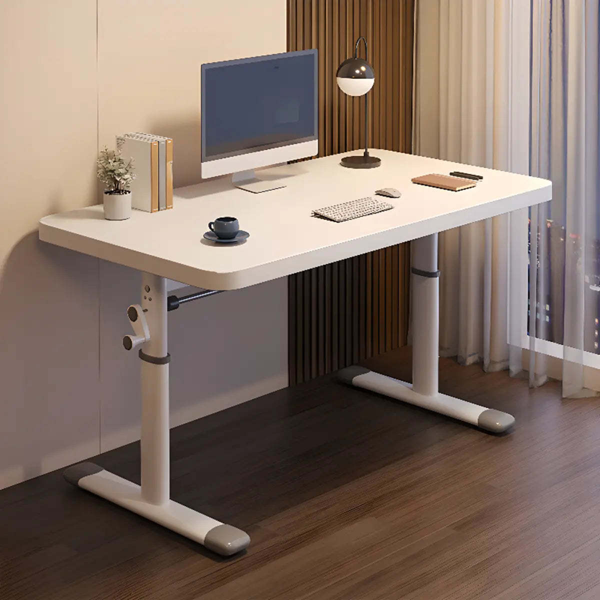 Modern White Adjustable T-Shape Wood Computer Desk — Without Chairs / Natural Finish