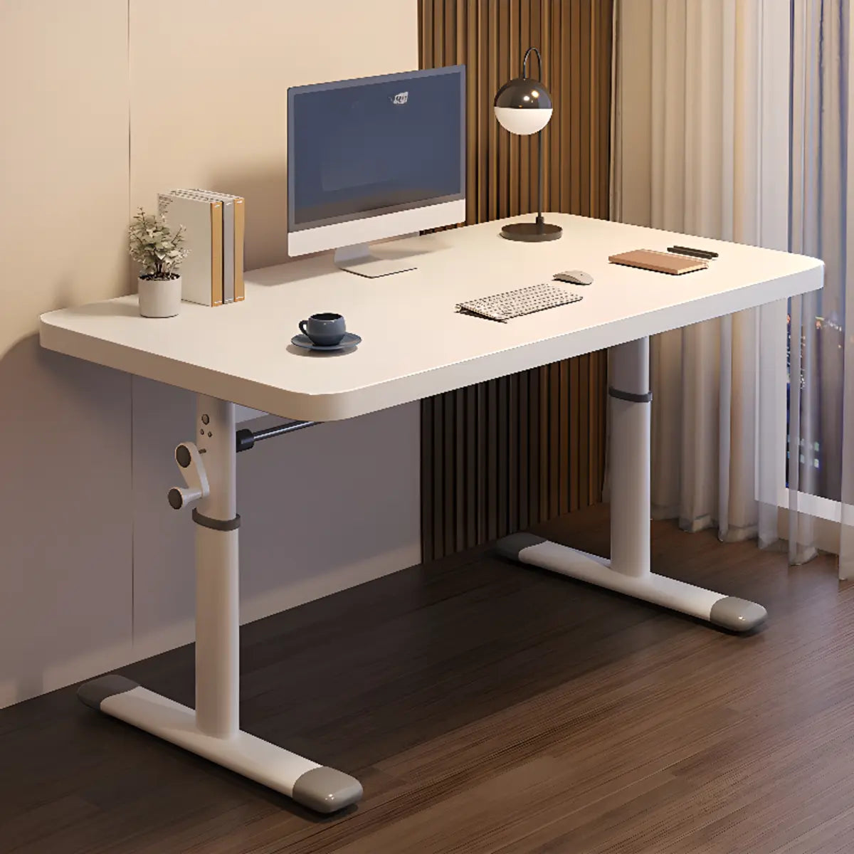 Modern White Adjustable T-Shape Wood Computer Desk — Without Chairs / Grey