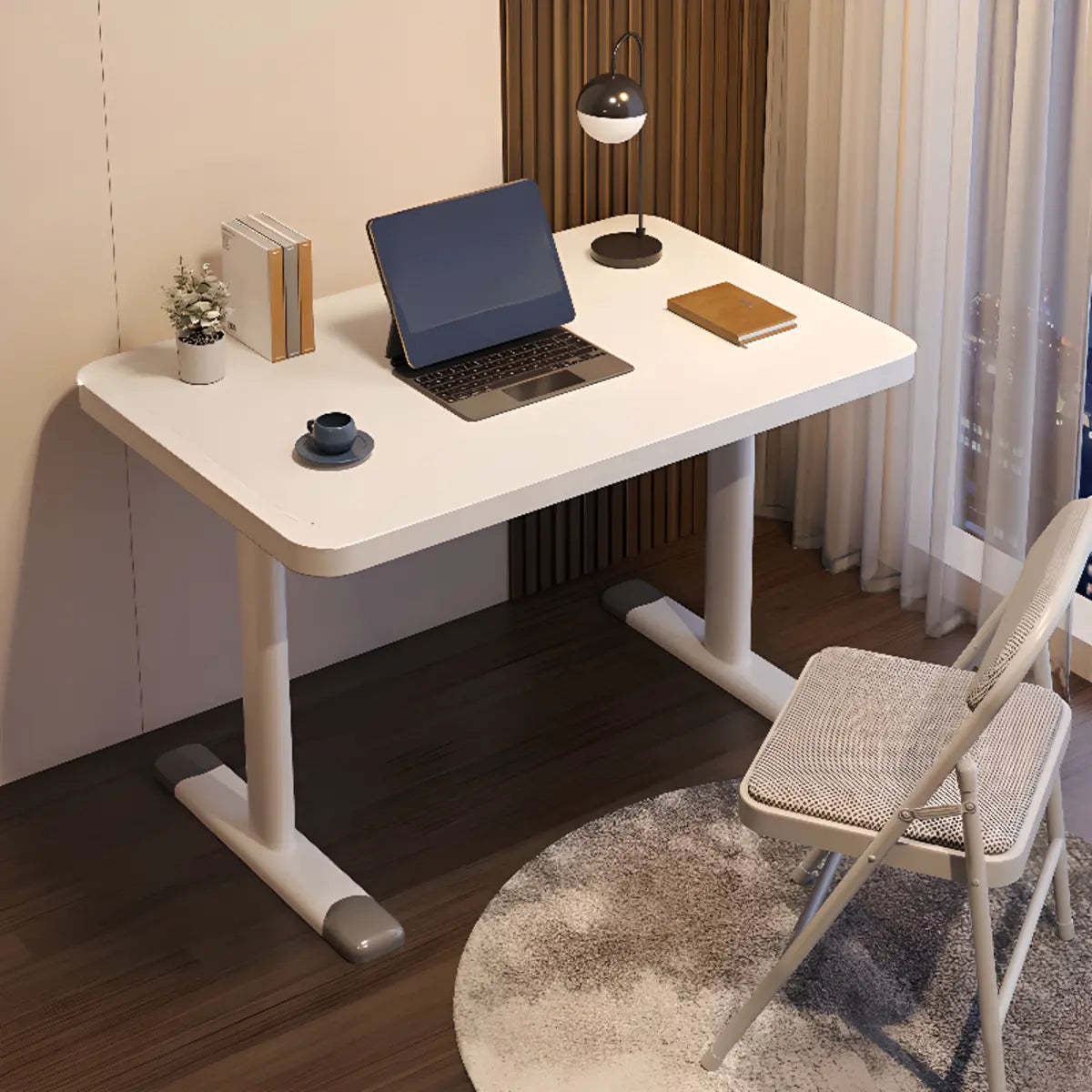 Modern White Adjustable T-Shape Wood Computer Desk — Without Chairs / Natural Finish