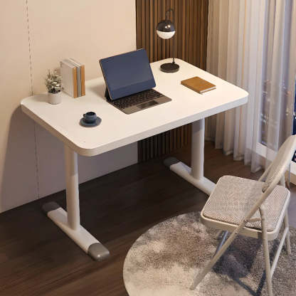 Modern White Adjustable T-Shape Wood Computer Desk — Without Chairs / Natural Finish