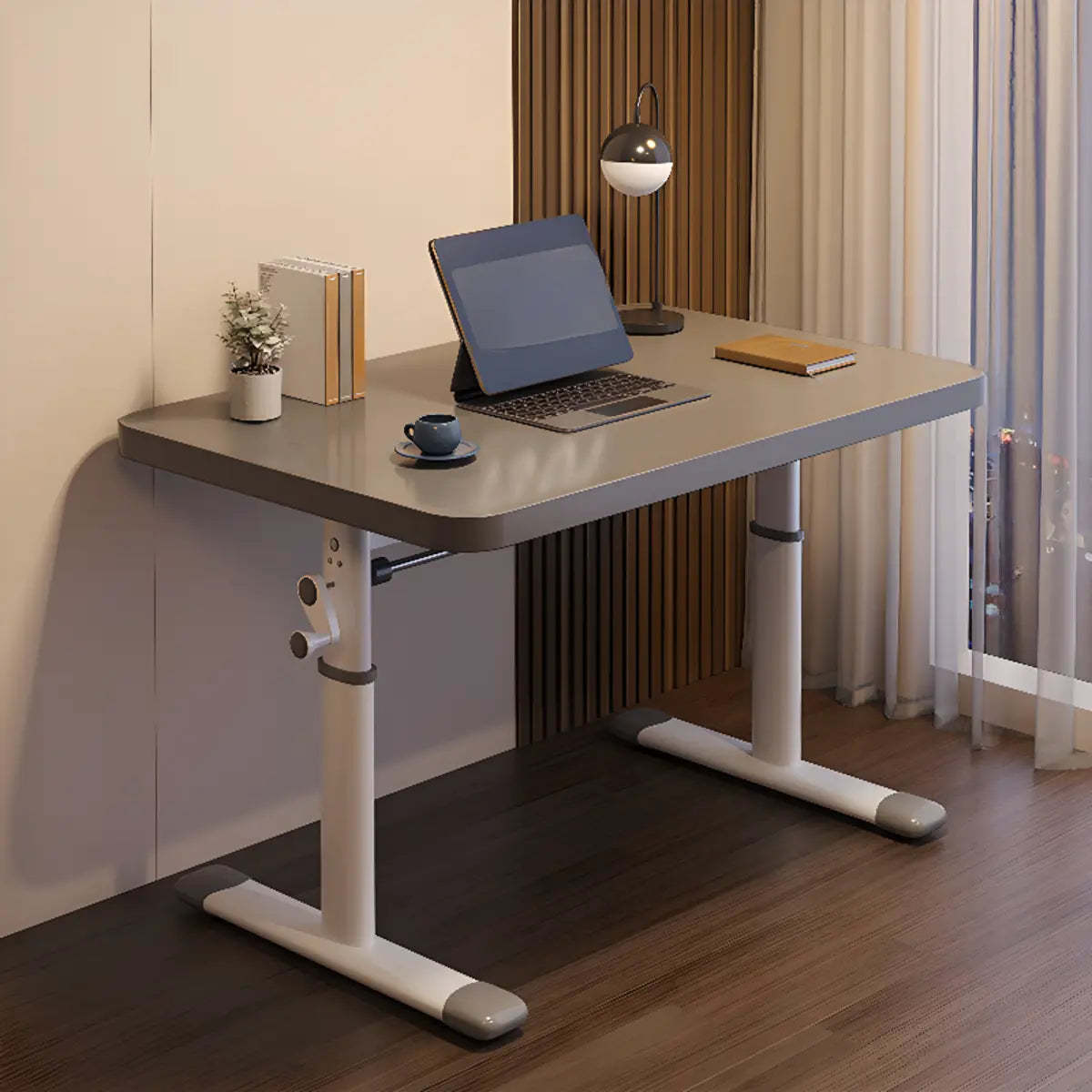 Modern White Adjustable T-Shape Wood Computer Desk — Without Chairs / White