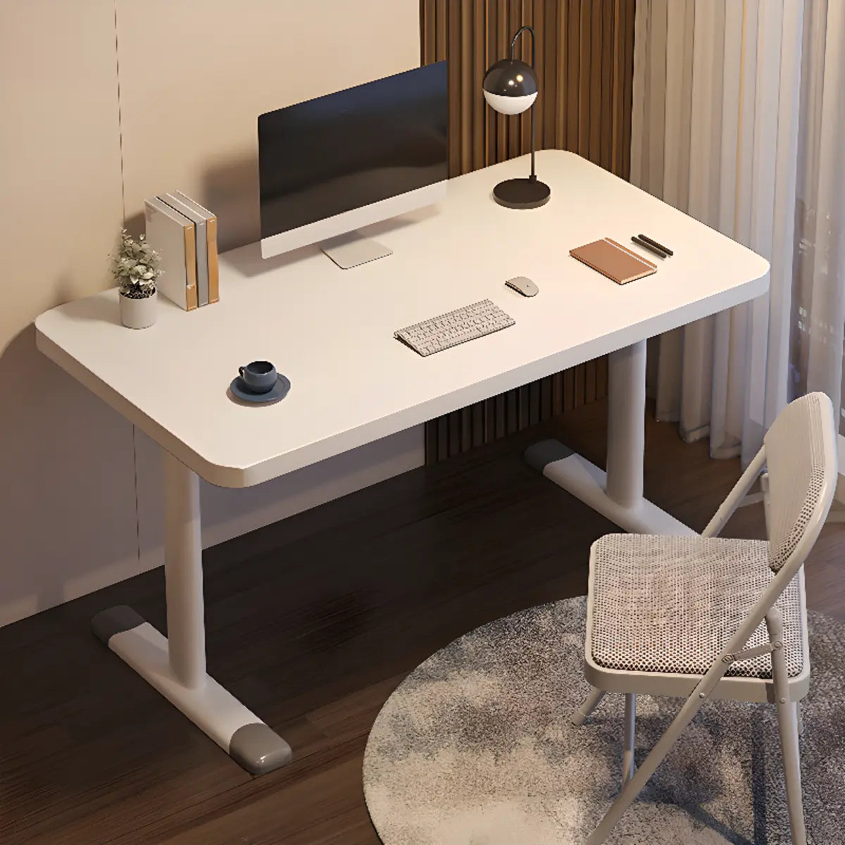 Modern White Adjustable T-Shape Wood Computer Desk — Without Chairs / Grey
