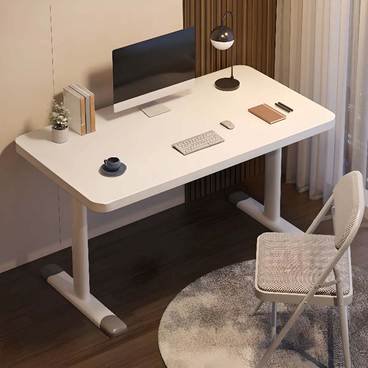Modern White Adjustable T-Shape Wood Computer Desk — Without Chairs / Grey