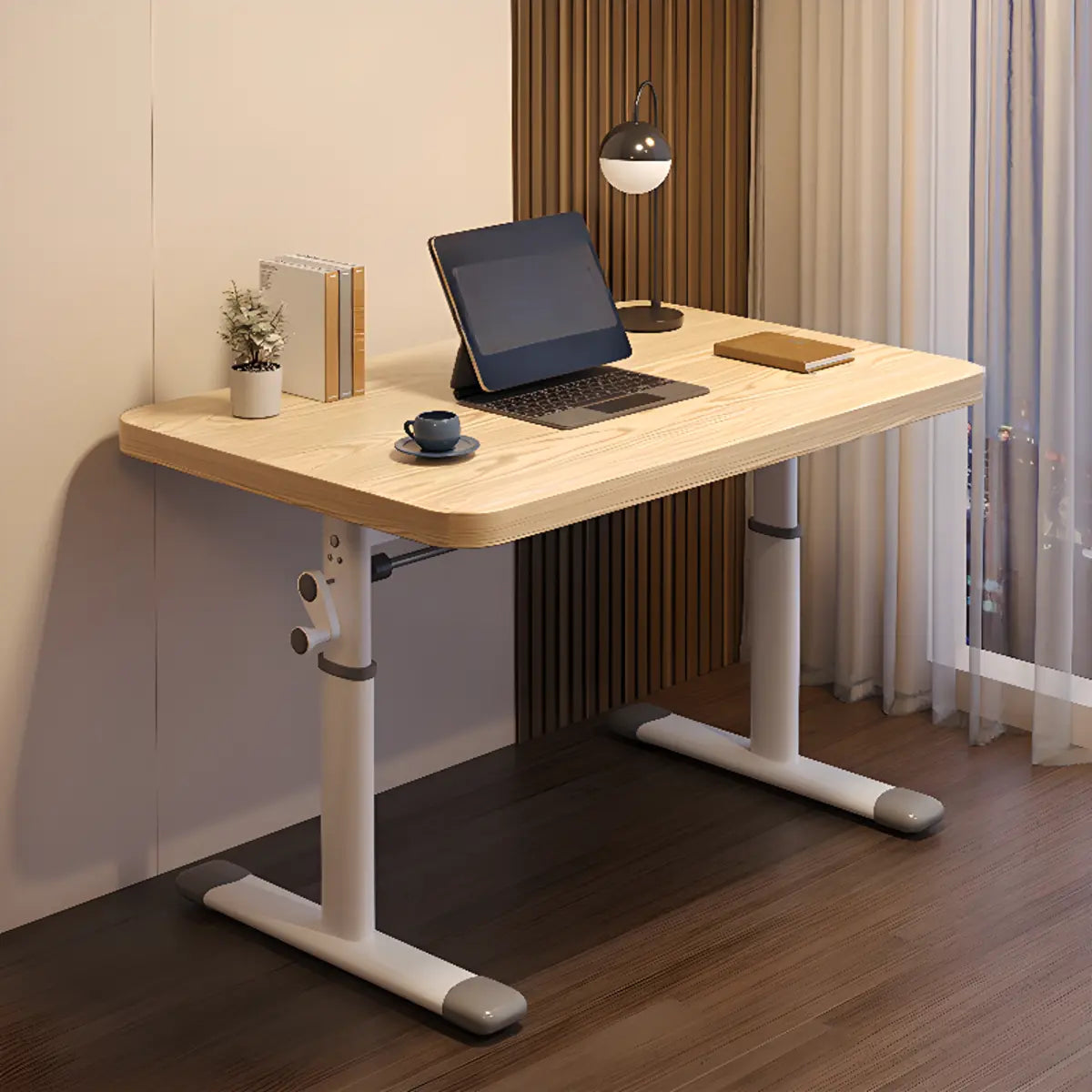 Modern White Adjustable T-Shape Wood Computer Desk — Without Chairs / Natural Finish