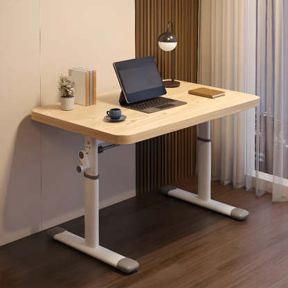 Modern White Adjustable T-Shape Wood Computer Desk — Without Chairs / Natural Finish