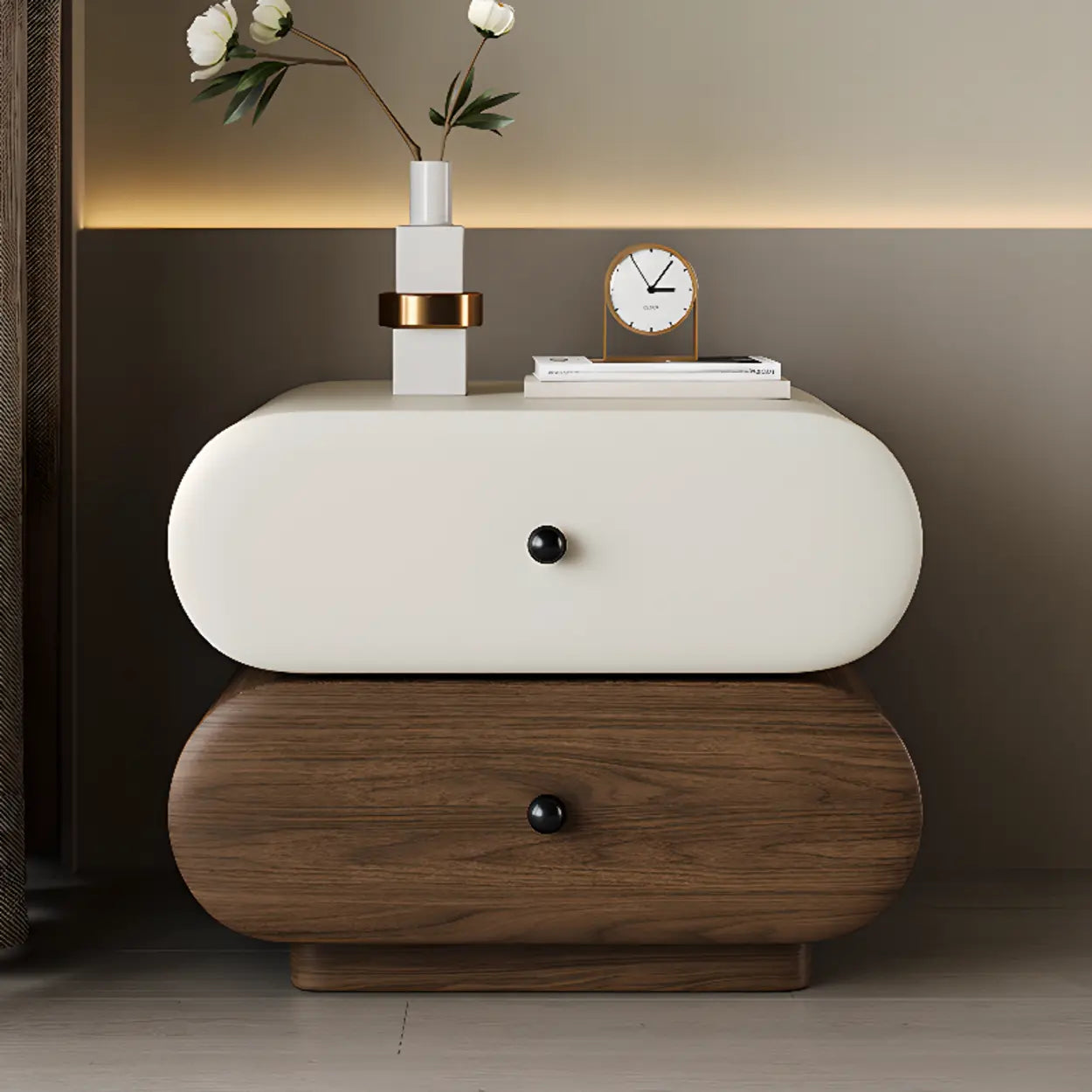 Modern White Brown Oval Nightstand with Drawers — Walnut/ Green