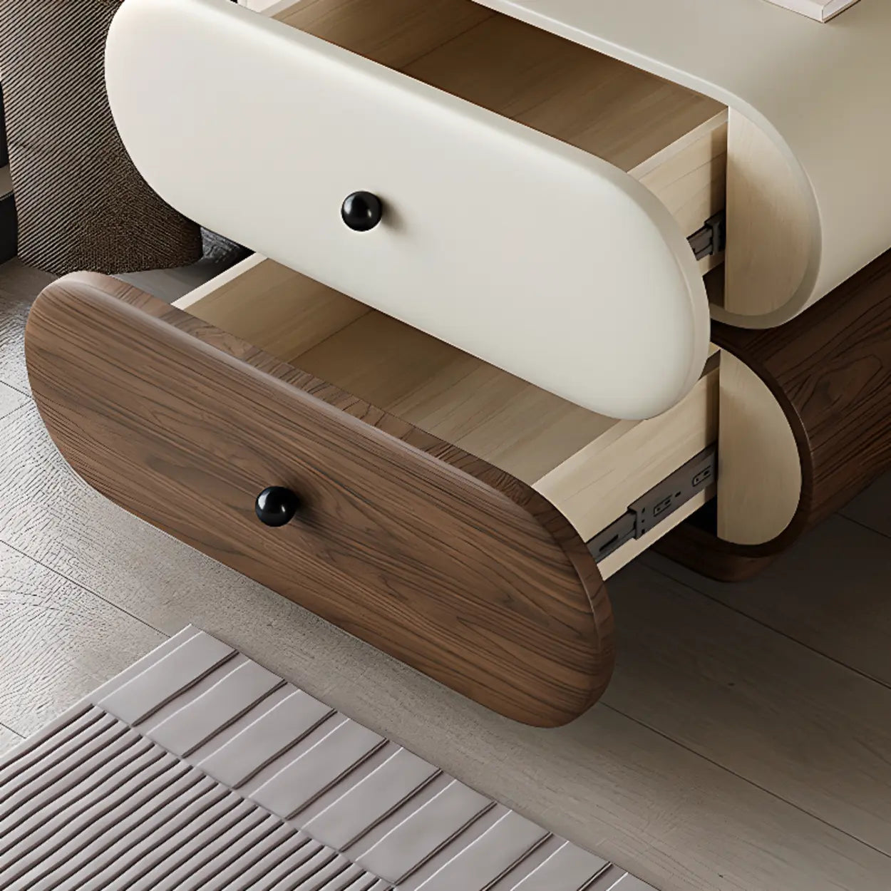 Modern White Brown Oval Nightstand with Drawers