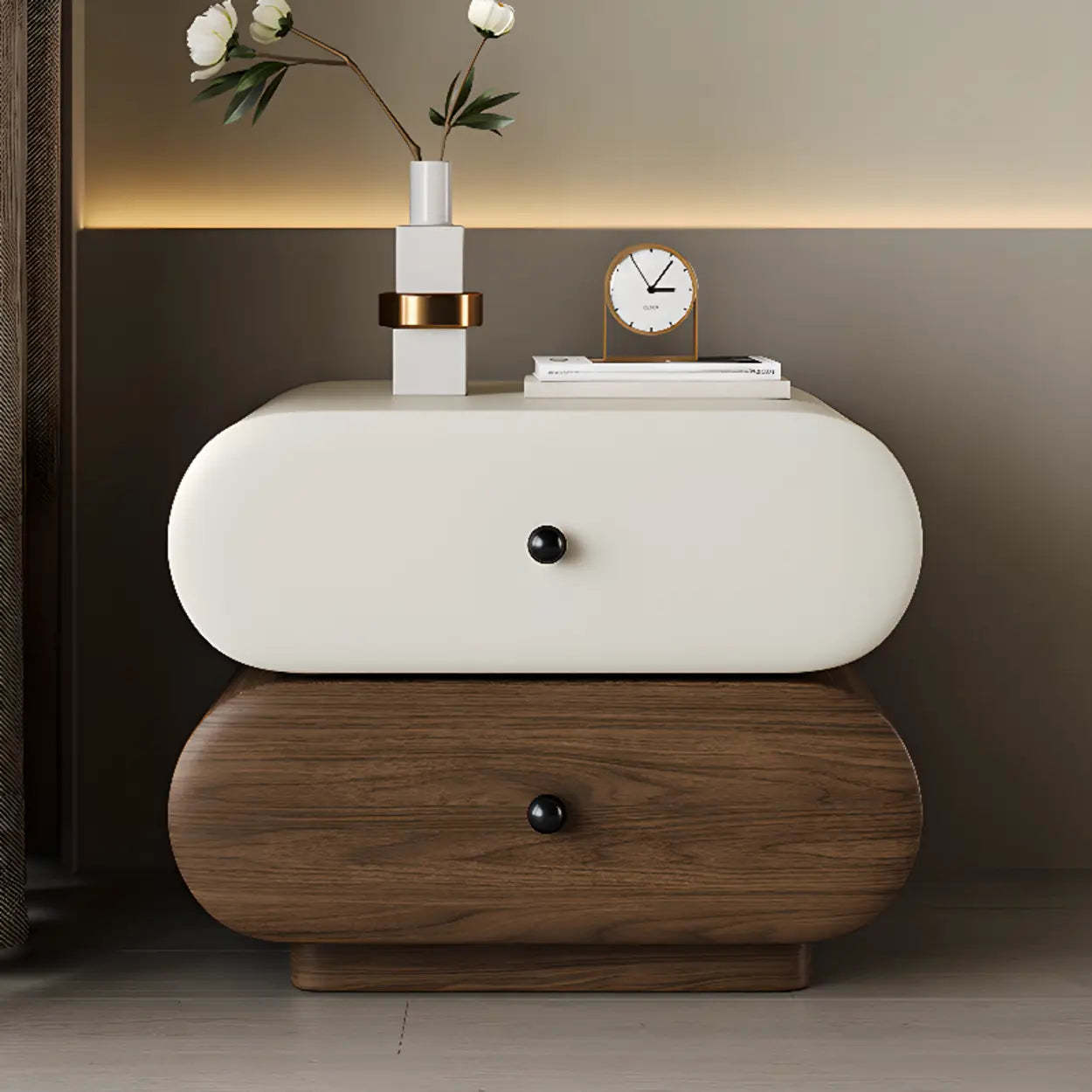 Modern White Brown Oval Nightstand with Drawers — Walnut/ Green