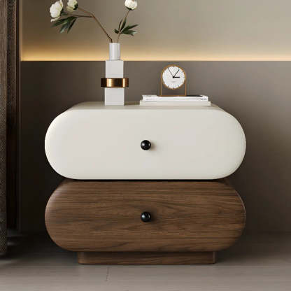 Modern White Brown Oval Nightstand with Drawers — Walnut/ Green