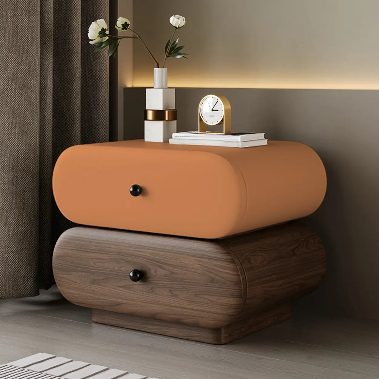 Modern White Brown Oval Nightstand with Drawers — Walnut/ Khaki